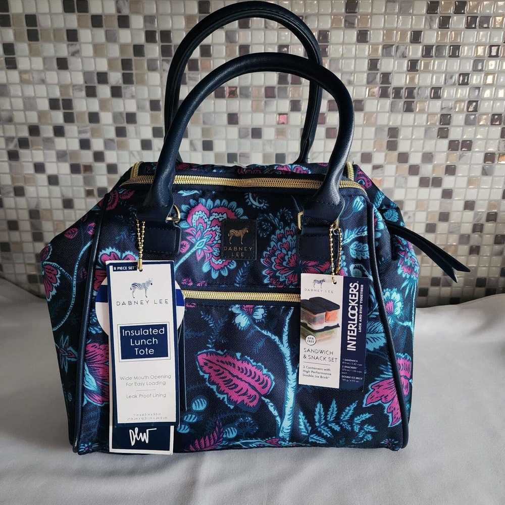 Dabney Lee 8 Pc Insulated 11" Lunch Tote w Strap Containers Dark Teal Aqua Pink